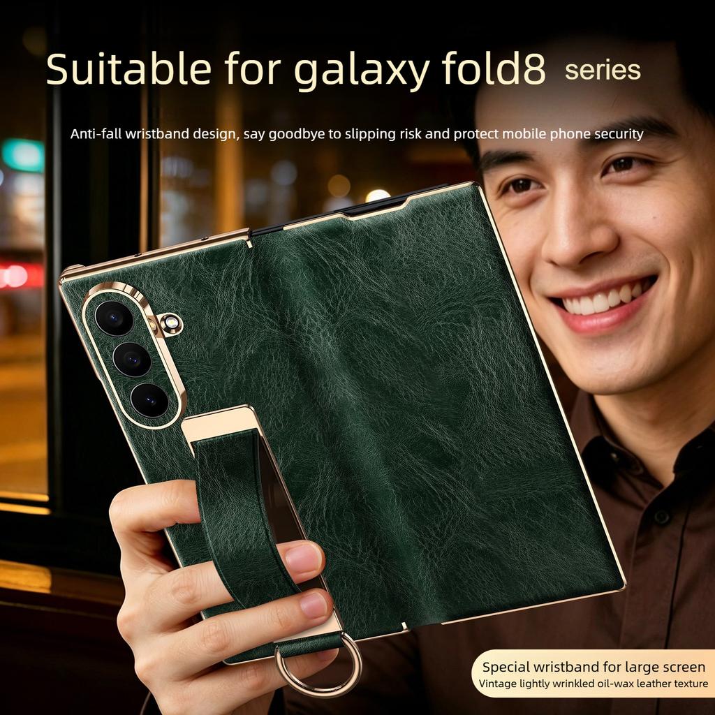 Luxury Genuine Leather Magnetic Flip Case for Samsung Z Fold 8 & Fold8 Ultra Fold7 Dual Hinge,Wrist Strap Ring Holder Stand Case