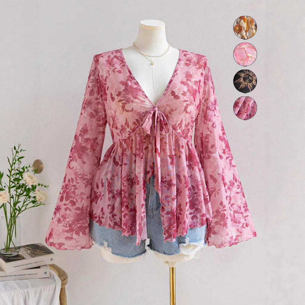 Женский топ с V-образным вырезом, принтом, в отпускном стиле, с расклешенными рукавами, свободного кроя