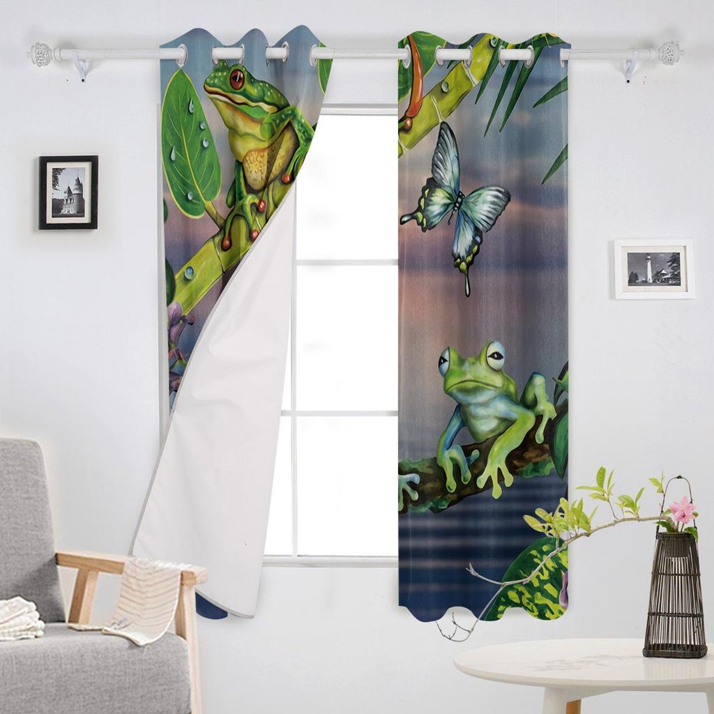 Green Leaf Branch Frog Blackout Curtains For Living Room Window Curtains For Bedroom Kitchen Curtains Drapes Blinds