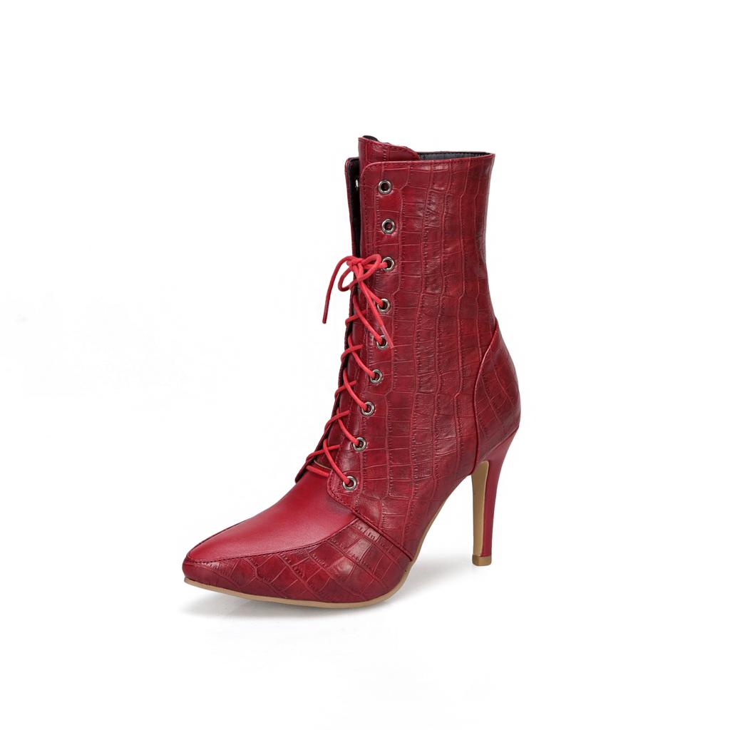 Осень Зима 2024 Кожаные Ботильоны Женские Тонкий Каблук Ботильоны Размер Боковая Молния Перекрестная Шнуровка Вечеринка Женские Короткие Плюшевые Туфли