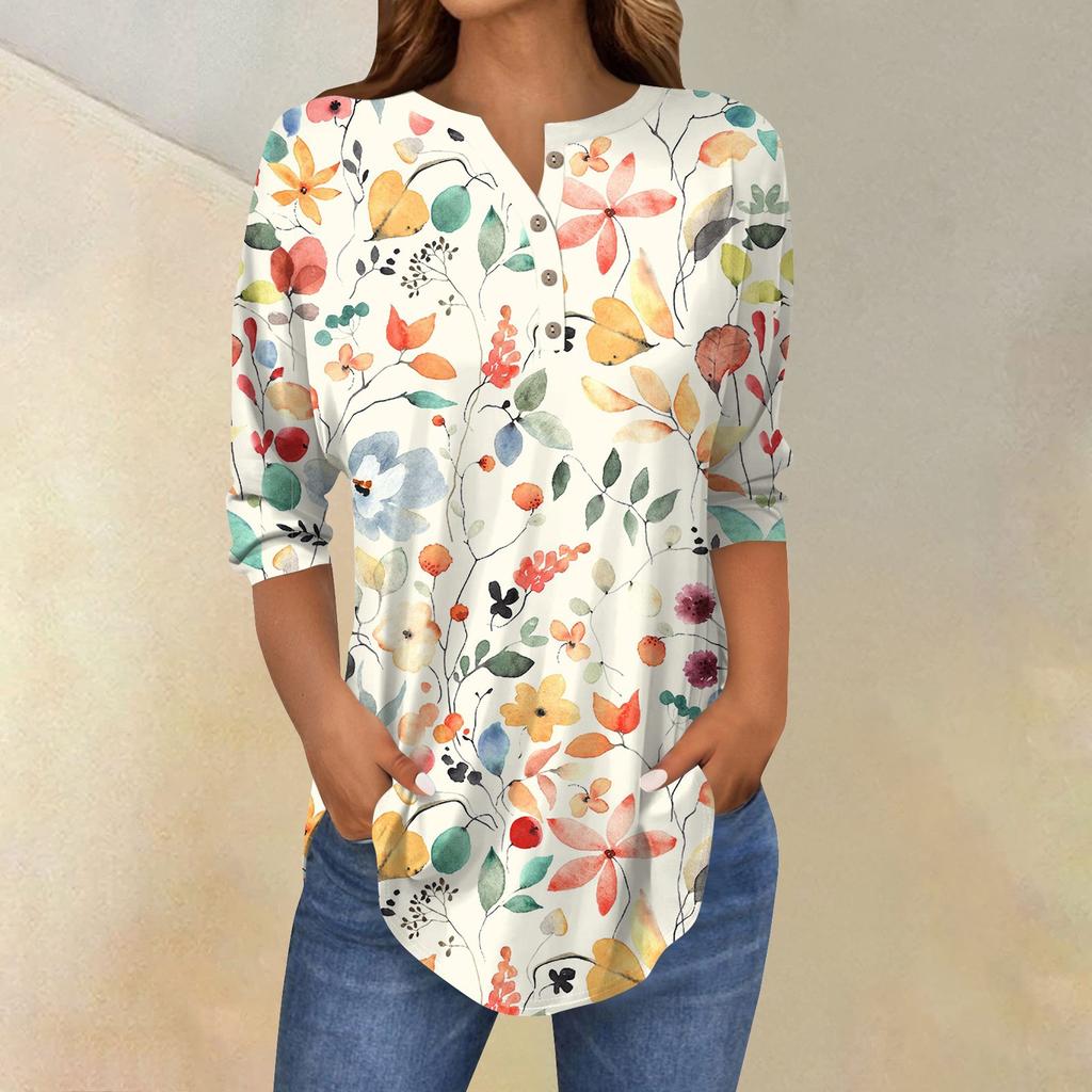 3/4 Length Sleeve Womens Tops Summer T-Shirts Floral Print V Neck Casual Basic Tee Button Shirts Tunic Tops