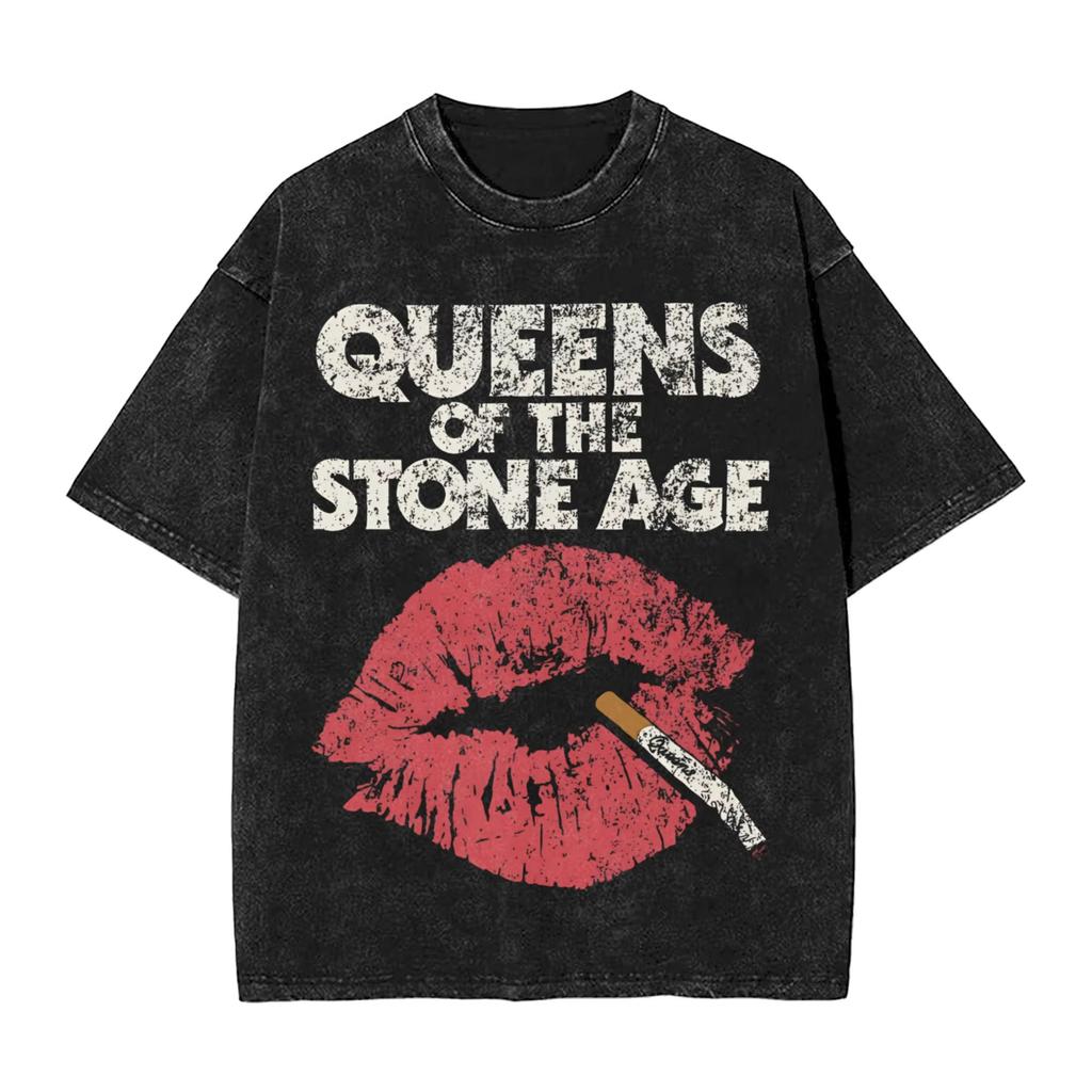 Retro Queen of The Stone Age Band Men's T Shirt Washed Humor Tees Short Sleeve Round Collar T-Shirt Pure Cotton Clothes