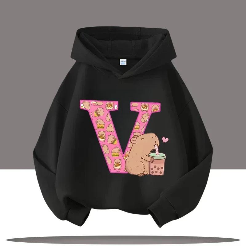 Capybara Hoodie Cute Kawaii Boba Tea Alphabet Letter Heart Pink Black Aesthetic Oversized Casual Sport Sweatshirts