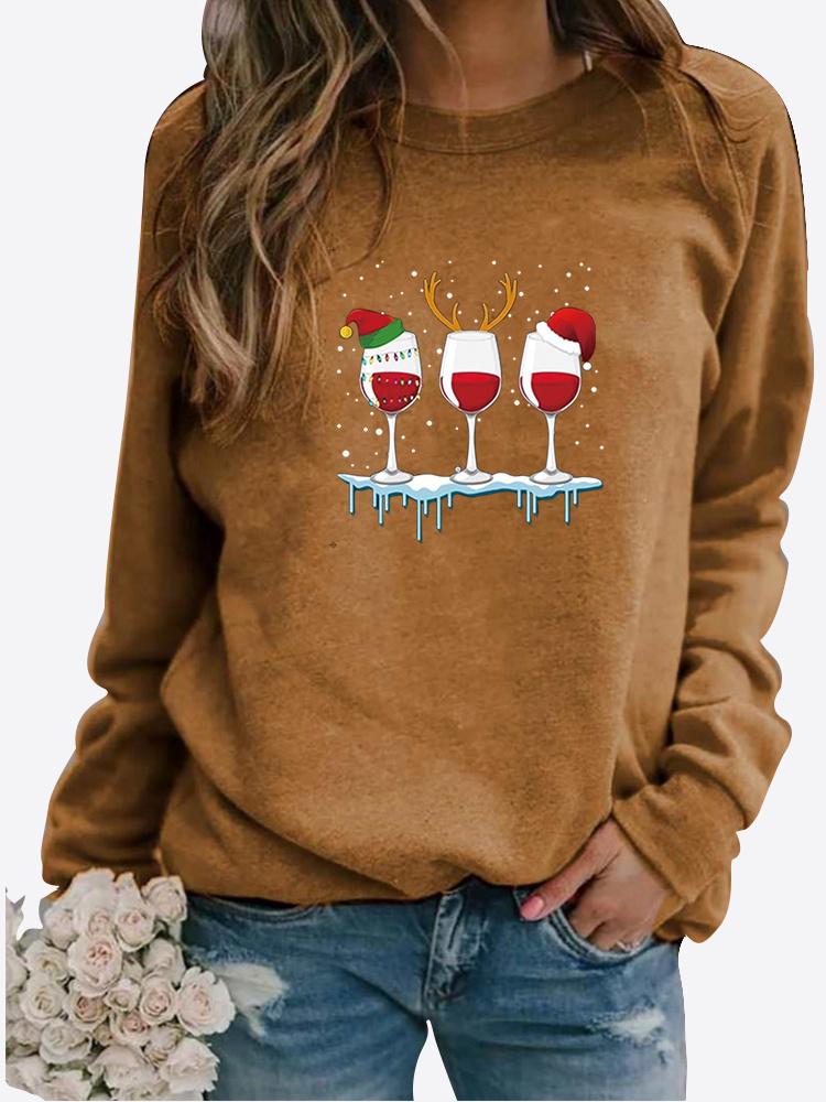 Women Autumn and Winter Clothing Christmas Deer Printed Casual Sweatshirt Long Sleeve Tops T-shirt Ladies Round Neck Pullover Blouse