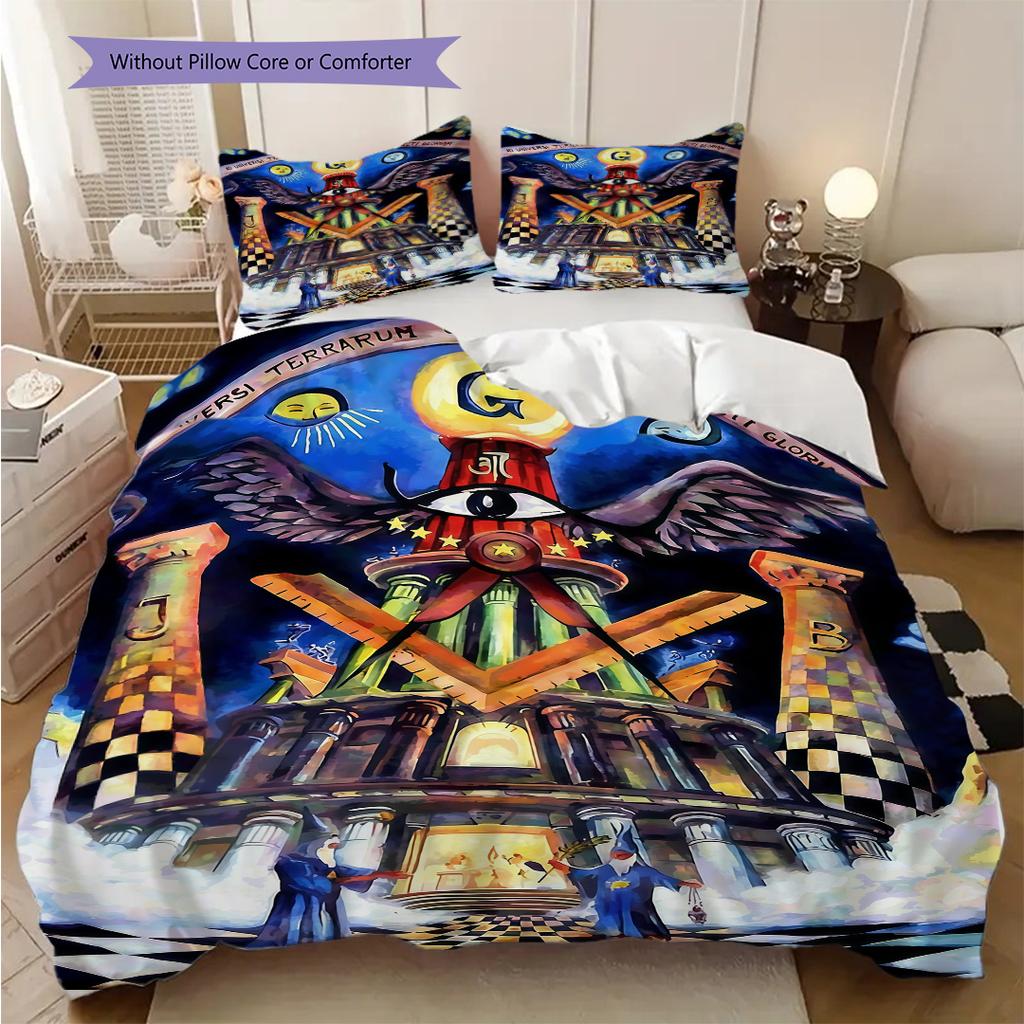 The square and compass of Freemasonry bedding, duvet cover, pillowcase, home decoration, birthday gift (1 * duvet cover+2 * pillowcase, coreless)