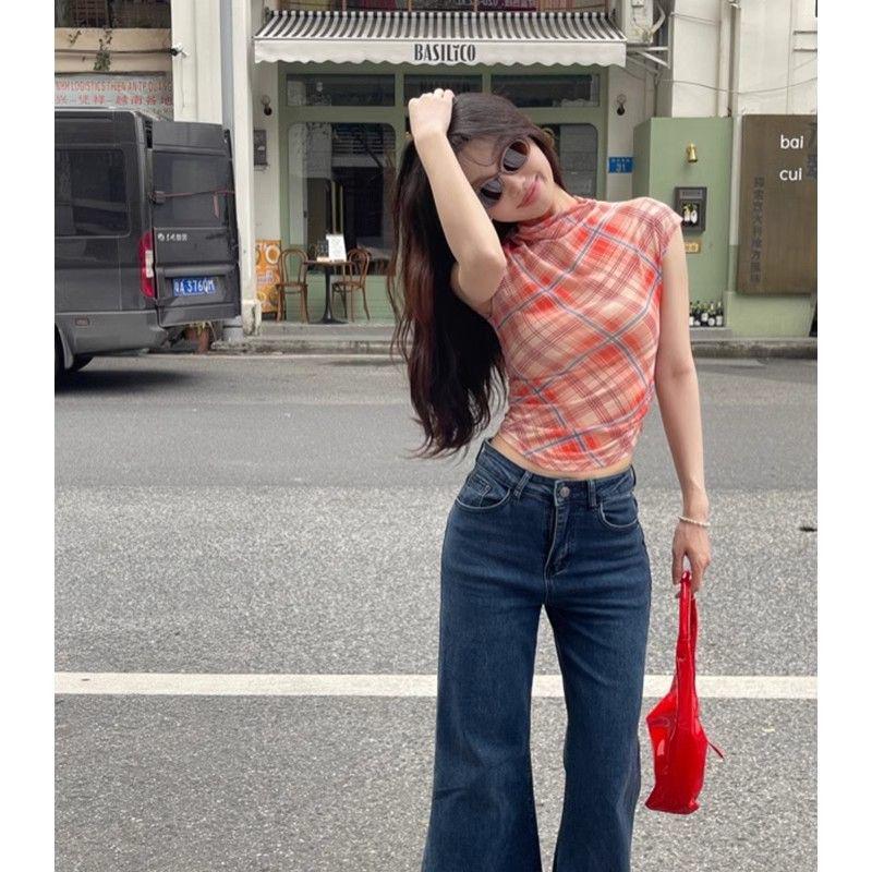 Женская красная клетчатая сетчатая футболка с открытыми плечами — облегающий крой, короткие рукава, летний топ