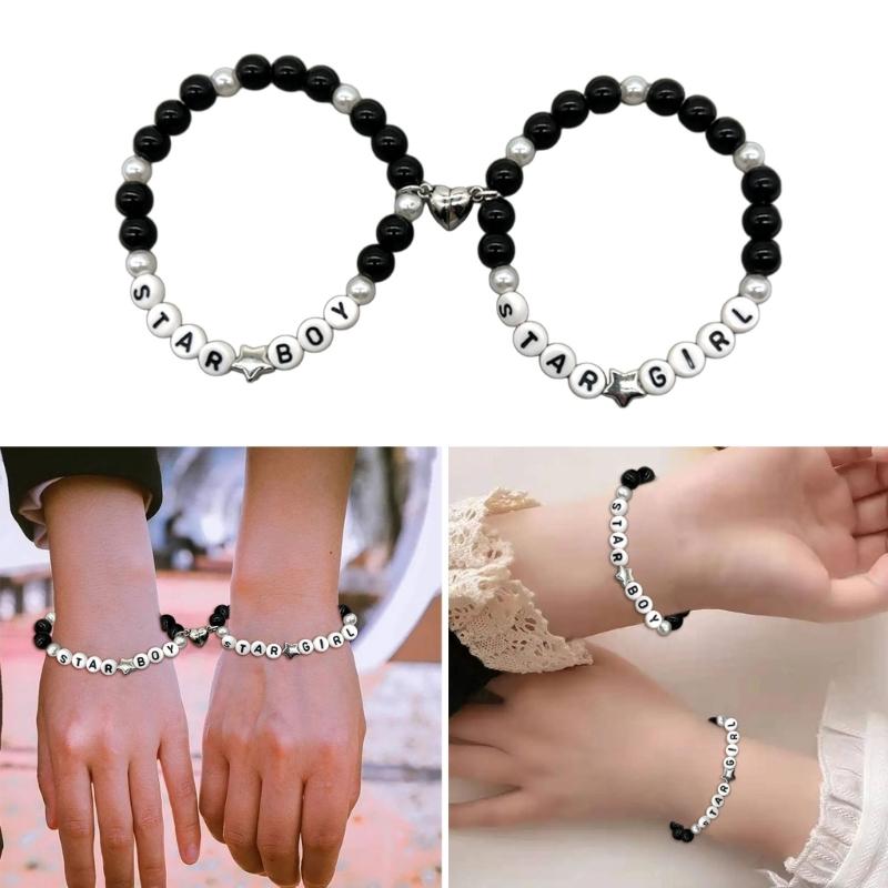 2Pcs Colorful Beaded Bracelets Stackable Star Shapes Pendant Handchain Valentine's Day Bangles Jewelry Trendy Accessory