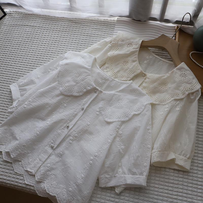 Летняя женская рубашка в корейском стиле с жаккардовым узором, воротником Питер Пэна и пышными рукавами, 2025