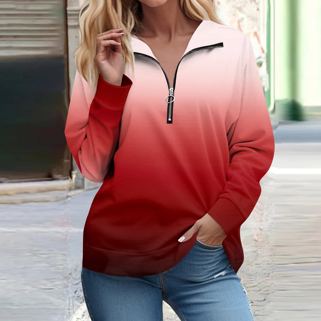 Рубашки на молнии с длинным рукавом для женщин Градиентная печать Графические футболки Блузки Повседневные топы Пуловер