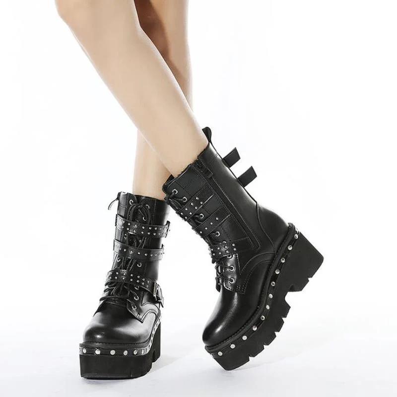 Sexy Buckle Women's Winter High Boots Leather Block Heel Gothic Black Punk Style Platform Shoes Female Footwear Women's Shoes