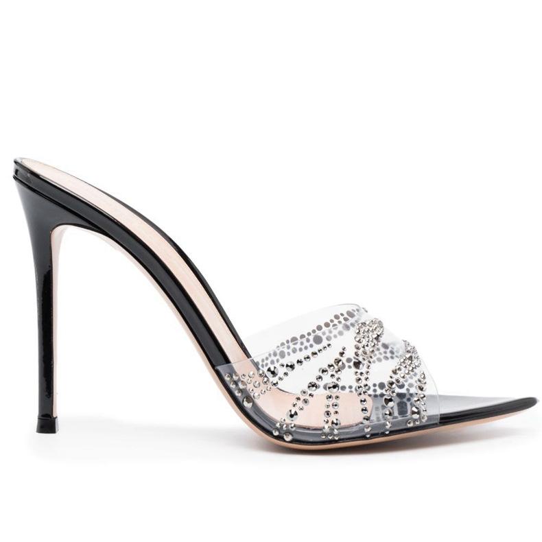 Модные прозрачные летние шлепанцы на высоком каблуке в европейском и американском стиле, с блестящими стразами, на тонком каблуке, заостренные, однотонные, босоножки на высоком каблуке