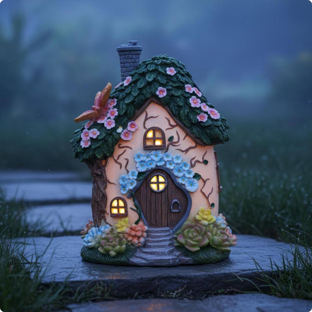 Storybook Shelter LED Solar Resin Cottage Sculpture for Garden, Yard, Patio