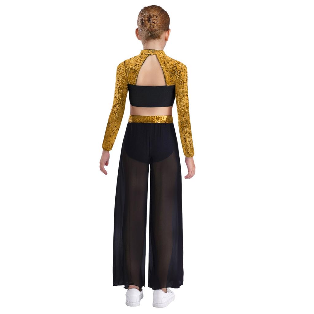 Girls Dance Two Piece Set Mock Neck Long Sleeved Sequins Cutout Back Crop Top with Chiffon Pants