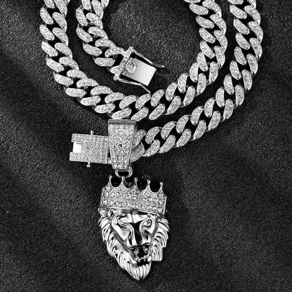 Men's Hip Hop 3D Crown Lion Head Pendant Necklace, with 13mm Cuban Chain Animal Lion Head Rock Necklaces Fashion Punk Jewelry