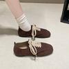 Vintage Women's Shoes Fall Casual Women's Full Trim Flat Shoes Square Toe Fall 2024 Dress Winter New Casual Lace-up