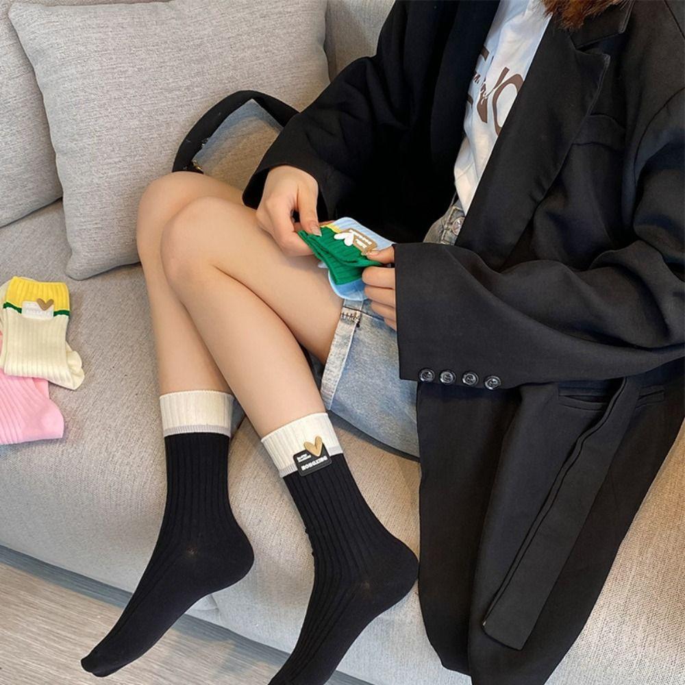 Хлопковые носки с двойной иглой в сочетании цветов Харадзюку Женский трикотаж Зимние повседневные носки Женские