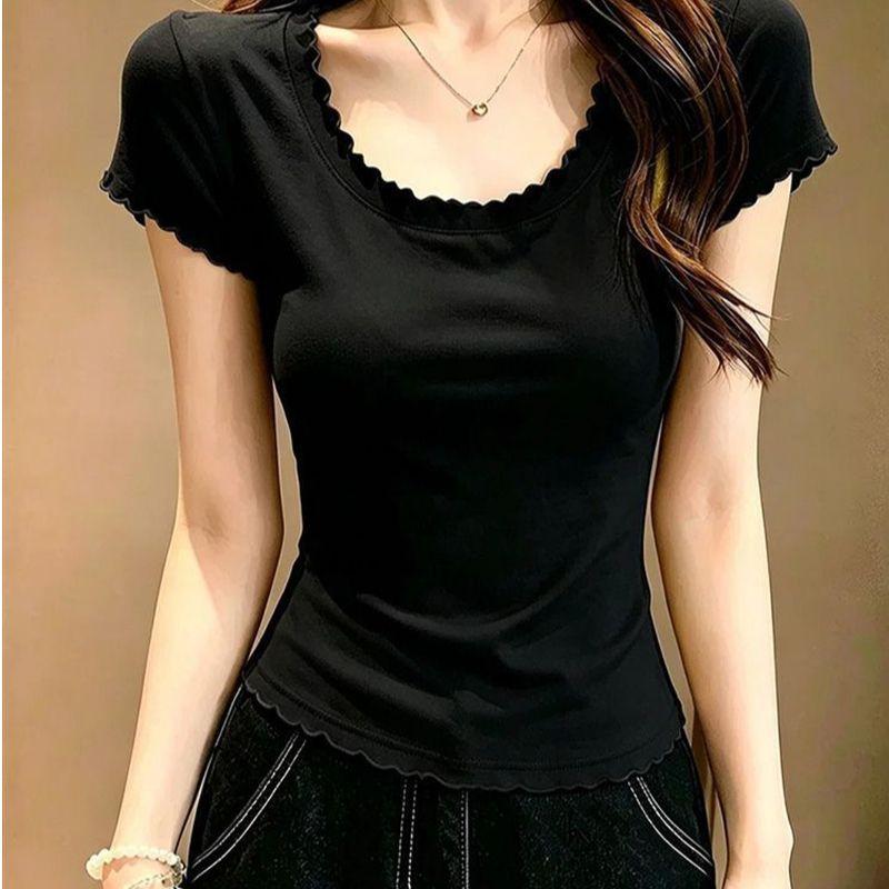 Summer small multi-color optional round neck short-sleeved fungus edge slim-fit bottoming shirt T-shirt women's foreign pullover