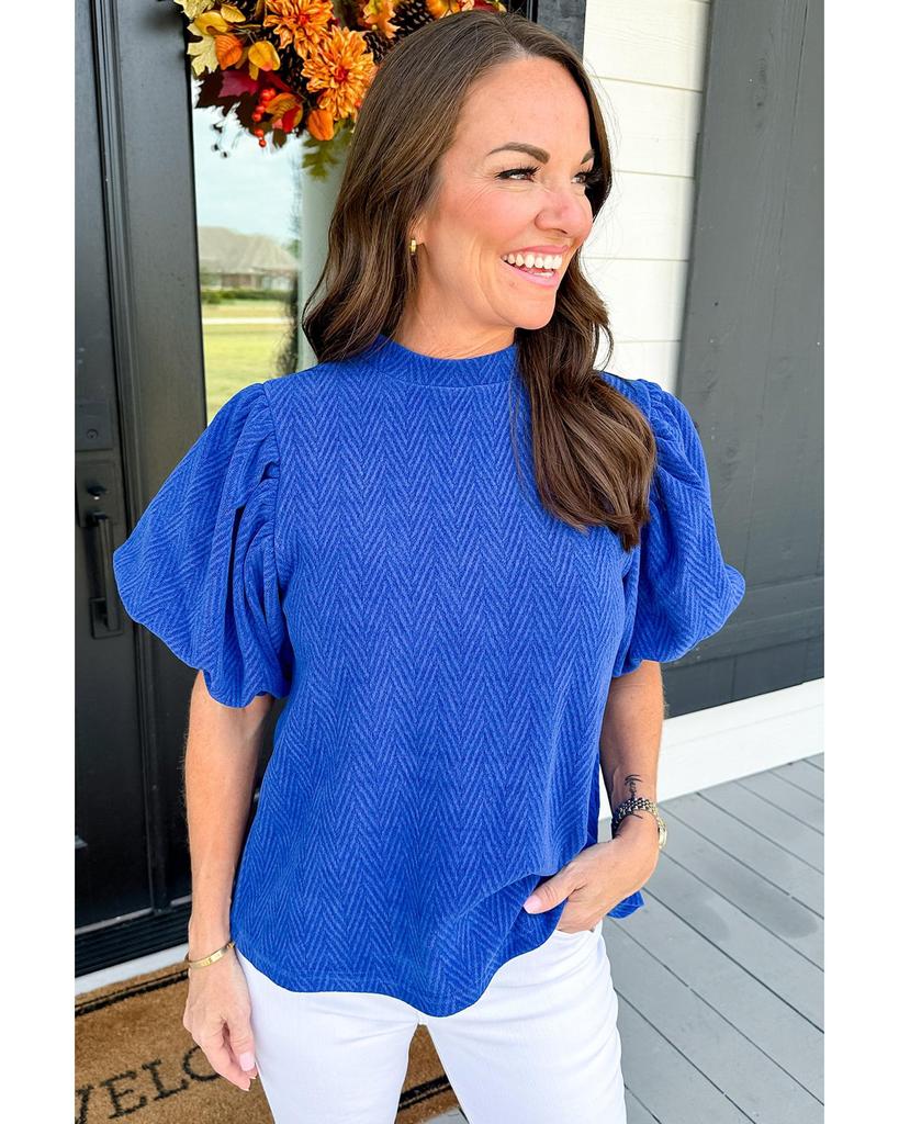 Azura Exchange Sky Blue Solid Textured Puff Sleeve Mock Neck Blouse