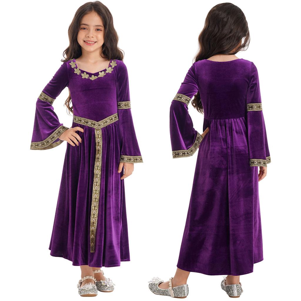 Kids Girls Stylish Medieval Princess Long Flare Sleeve Vintage Pattern Dress