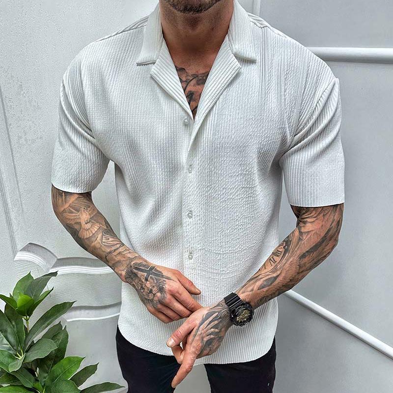 Street Trend Summer Solid Cardigan Short Sleeved Men's Stand Collar Button Patchwork Casual American Fashion Versatile Thin Tops