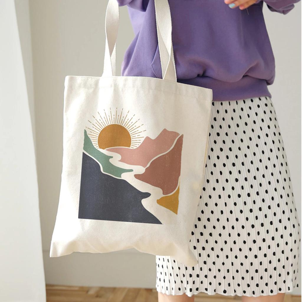 Cartoon Print Shopping Bag Ladies Eco-friendly Canvas Tote Bag Fashion College Shoulder Tote Foldable Ladies Shopping Bag Grocer