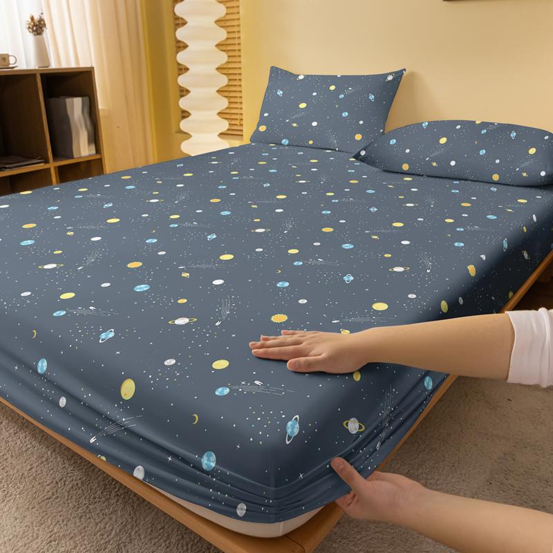 1 Simple Modern Outer Space Printed Matte Fitted Sheet, Bedroom Printed Bed Cover, Bedding (Excluding Pillowcases)