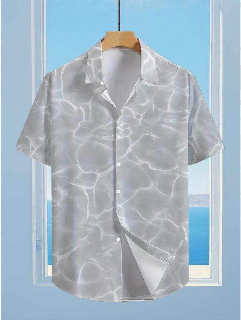 Men's Hawaiian Gray Water Wave Short Sleeve Button- Shirt - Loose Fit Collar, Full-Body Hawaiian Print, Button Front Closure, Machine Washable Summer