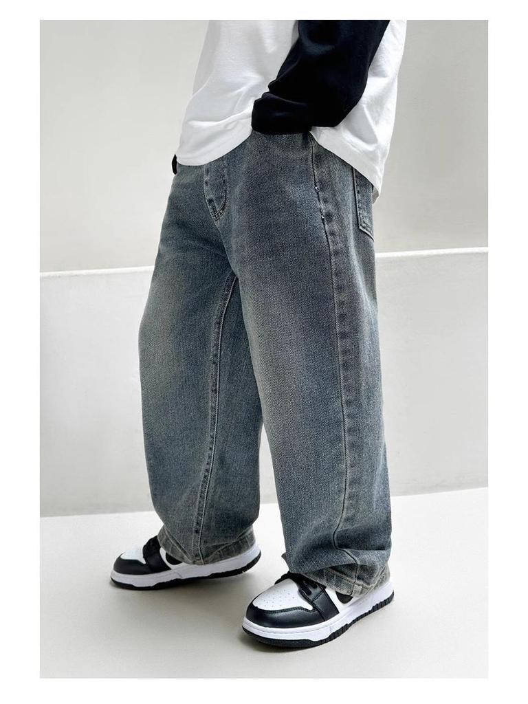 Джинсы прямого кроя на флисовой подкладке для мальчиков, новый стиль 2025 года, для детей среднего и старшего возраста