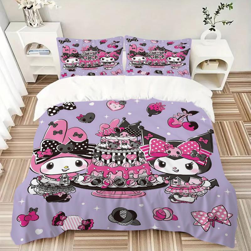 3pcs My Melody and Kuromi Celebrate Printed Quilt Set - Includes 1 Quilt Cover and 2 Pillowcases, Machine Washable - Suitable for All Seasons.H07