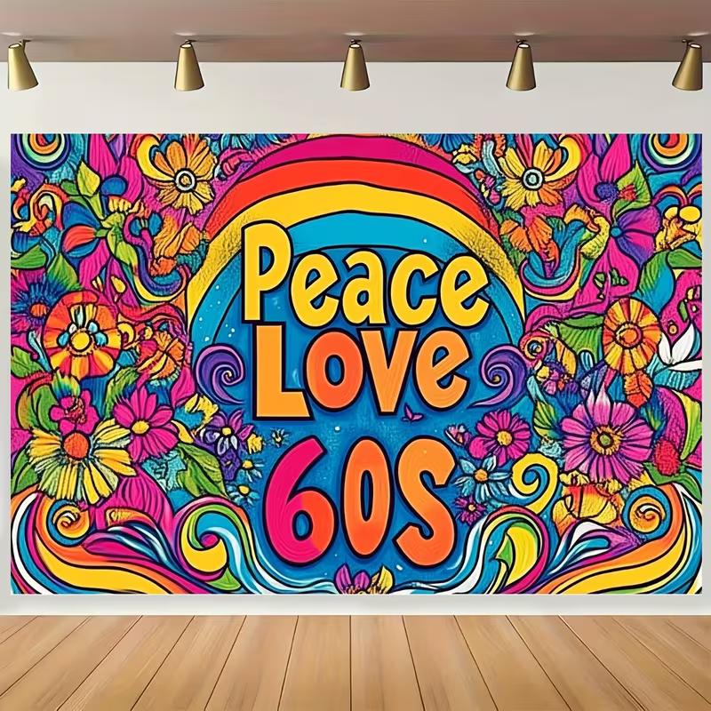 2D "Peace Love 60s" Hippie Backdrop with Psychedelic Flowers & Rainbow