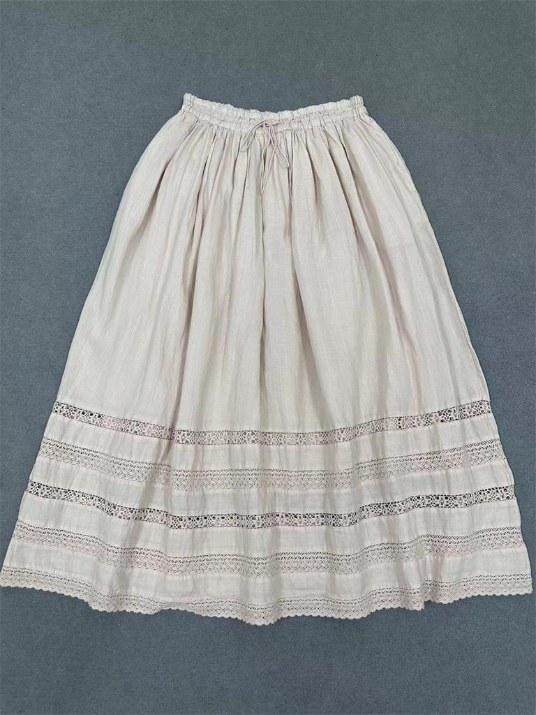Johnature Лето Осень Японские кружевные панели Чистый Рами Эластичные юбки на завязках Свободные женские юбки Мори
