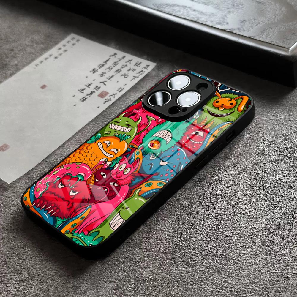 Чехол для телефона 'Вечеринка монстров' для iPhone 17 Pro Max 14 Pro 15 12 11 13 Mini X XR XS 16 Plus SE Стеклянная крышка