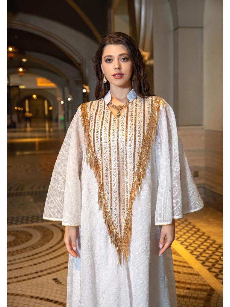AB320 Tulle Embroidered Sequined Muslim Evening Dress - Arabic Dubai Style Robe for Middle Eastern Women