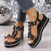 Black Women's Butterfly Rhinestone Platform Wedge Sandals: Open-Toe, Slip-On, Elastic Band - Perfect for Summer.