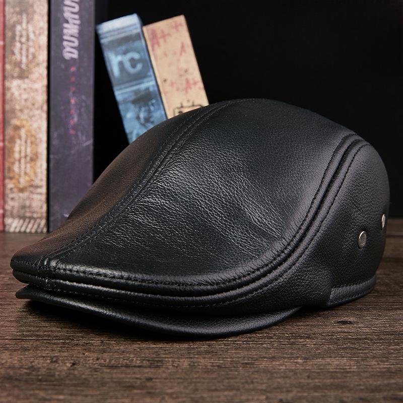 Men's Genuine Leather Duckbill Hat – Stylish, Warm, Thickened Cowhide Beret for Middle-Aged and Elderly (Autumn/Winter)