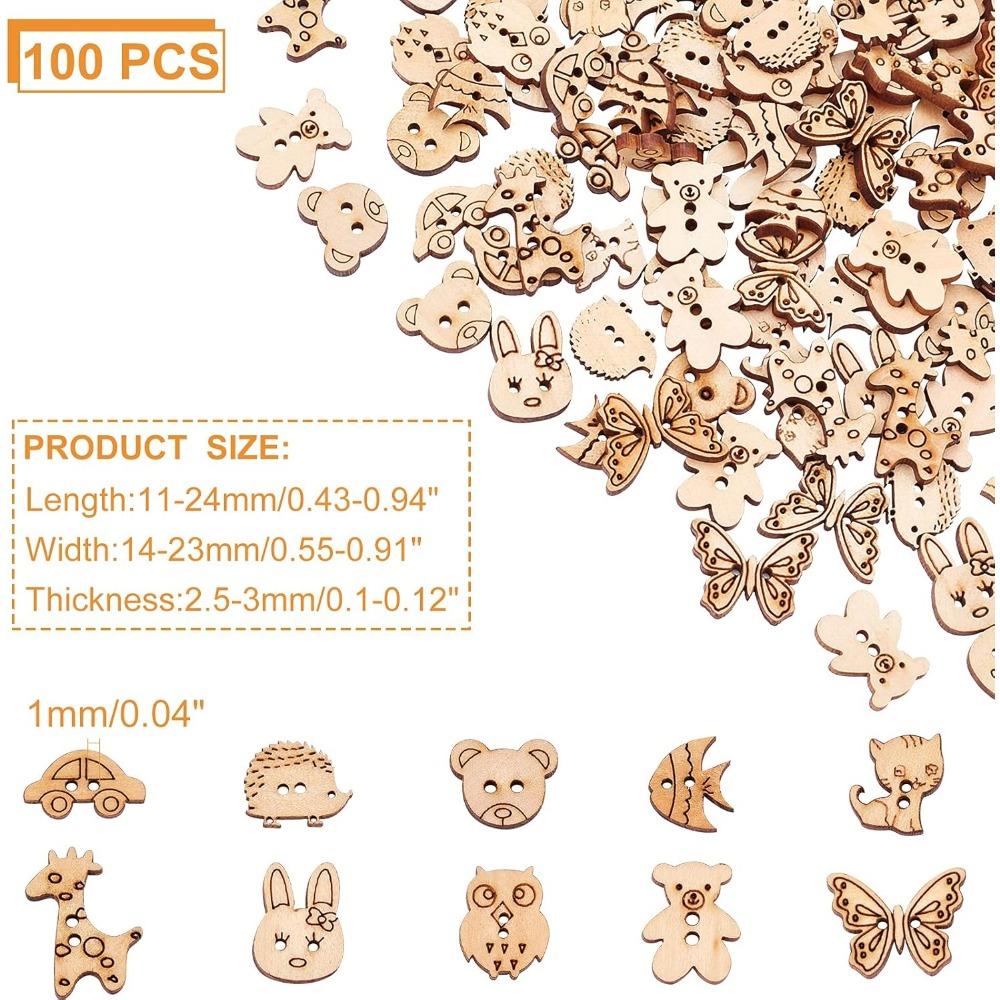 100 шт. деревянных пуговиц для шитья в зверином стиле, 2-отверстия, кролик, бабочка, медведь, необработанные деревянные декоративные наборы