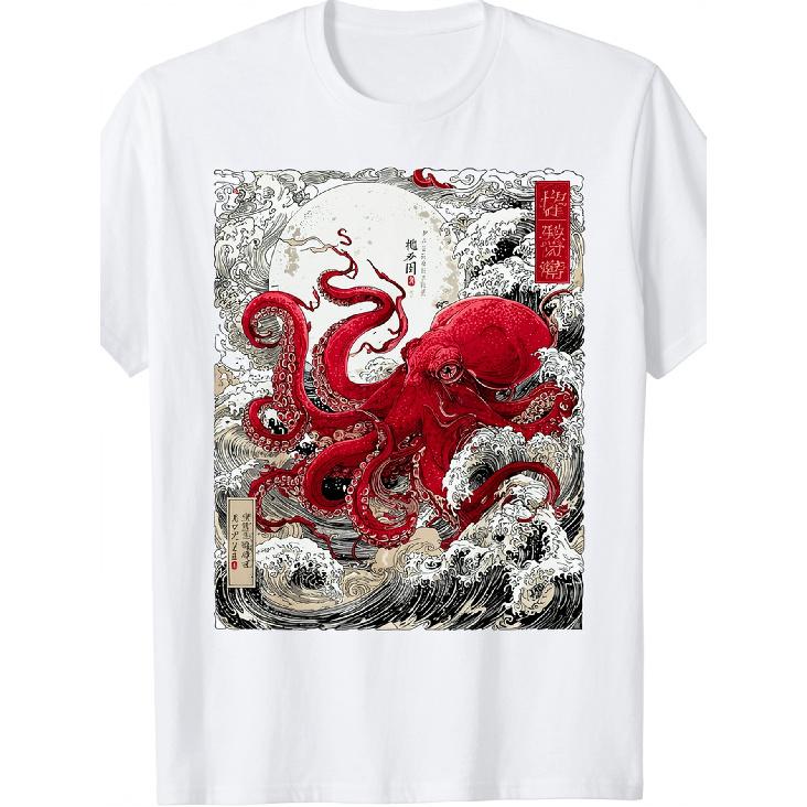 Men's Japanese Ukiyo-e Style Red Octopus T-Shirt - Short Sleeve Crew Neck Cotton Tee with Vintage Wave Art Print for Casual Wear