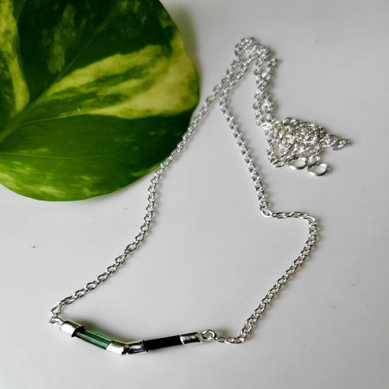 Natural Raw Green Tourmaline Gemstone 925 Sterling Silver Leaf Necklace , Gift