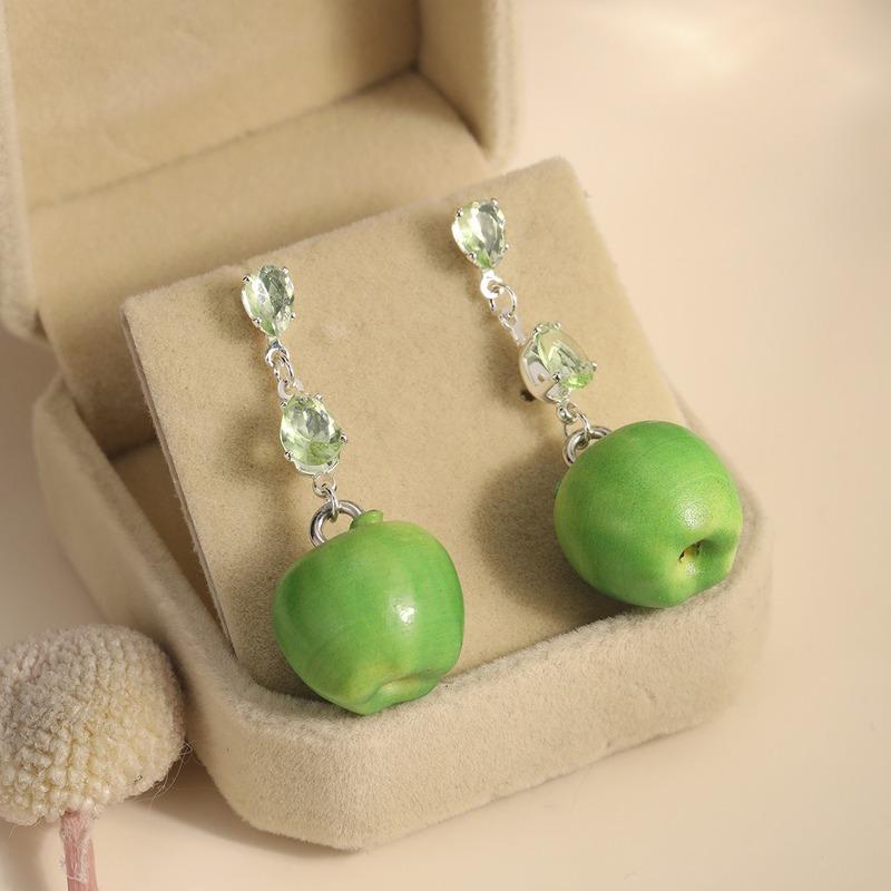 S925 Sterling Silver Green Apple Dangle Earrings Water Drop Crystal Chain Drop Earrings Cute Fruit Women Fashion Jewelry