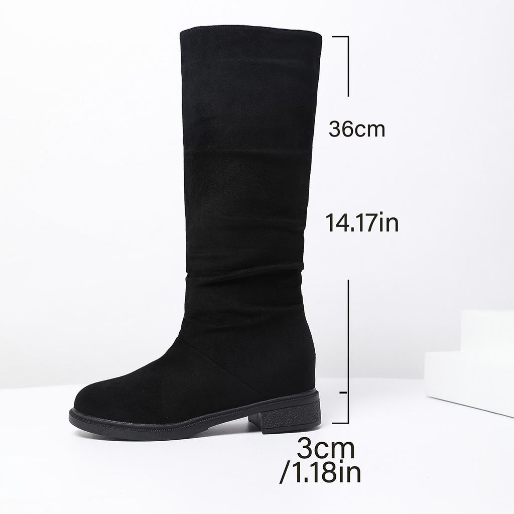 Fashion Pleated Boots Women Faux Suede Flock Knee High Boots 2024 Winter Women Fashion Slip On Square Low Heel Knight Booties Mujer