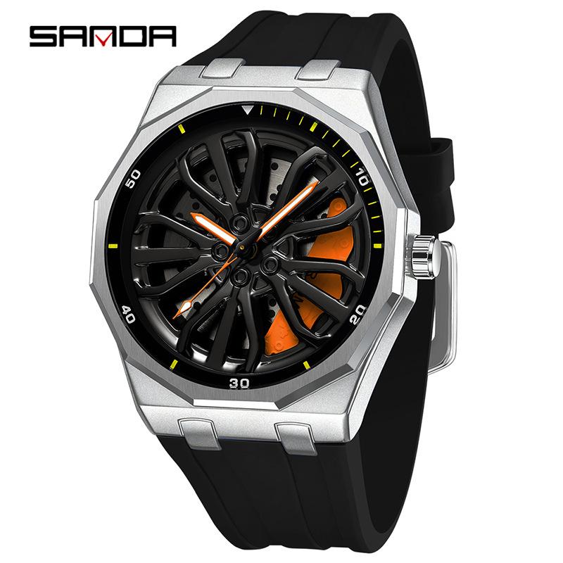 Fashion Sanda Top Brand Men's 360° Rotating Car Wheel Skeleton Dial Watch Luminous Quartz Sport Silicone Strap For Student Watch