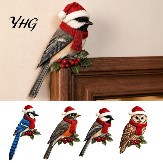Holiday Gift for Home Wooden Bird Door Topper, Cute Christmas Corner Statue, Woodland Animal Frame Decorative Trim Art Sign Winter Wall Window Decor,