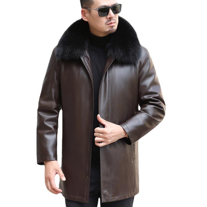 Средний и длинный пуховик Мужская кожаная куртка с лацканами Утолщенная куртка Повседневная зимняя куртка