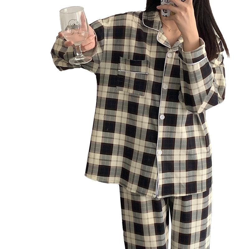 Korean version ins simple plaid pajamas women's spring and summer new girls long-sleeved home can be worn outside real shot