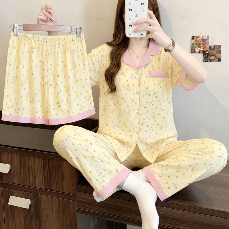 Womens Cloud Cotton Pajama Set Short Sleeve Bow Loose Loungewear 3pcs