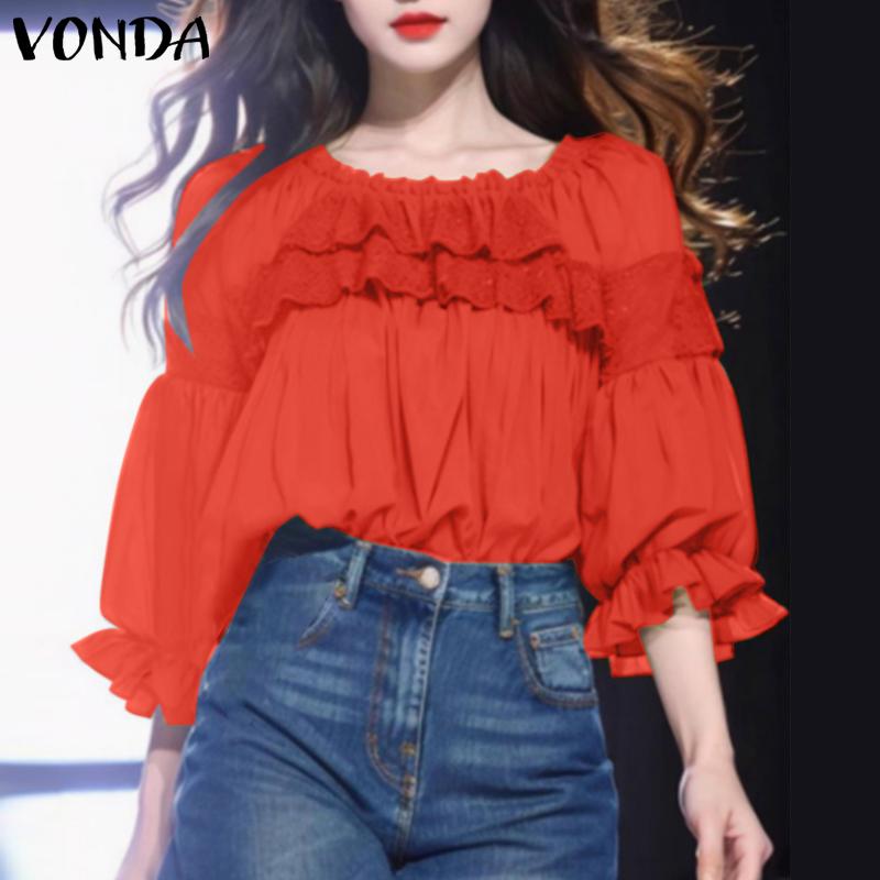 VONDA Женская летняя блузка свободного покроя с круглым вырезом и рукавами 3/4 в стиле пэчворк с оборками