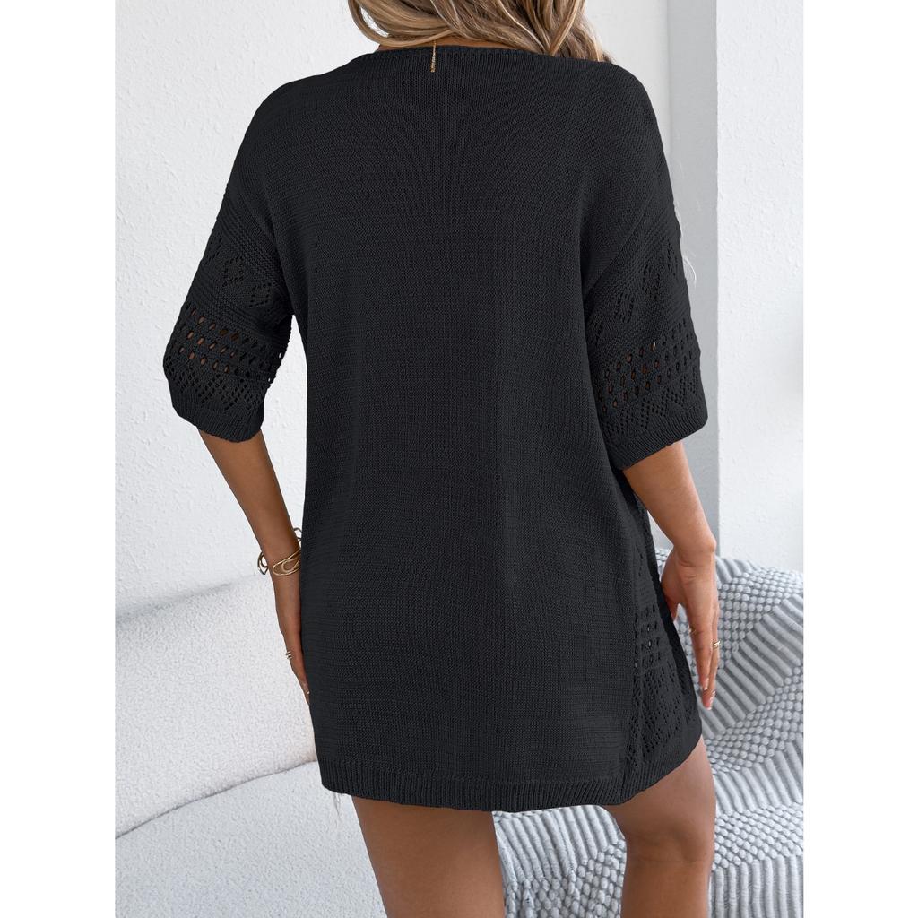 QICED Весенне-летний повседневный однотонный вязаный свитер с вырезами и рукавами средней длины, кардиган для отпуска, женская одежда