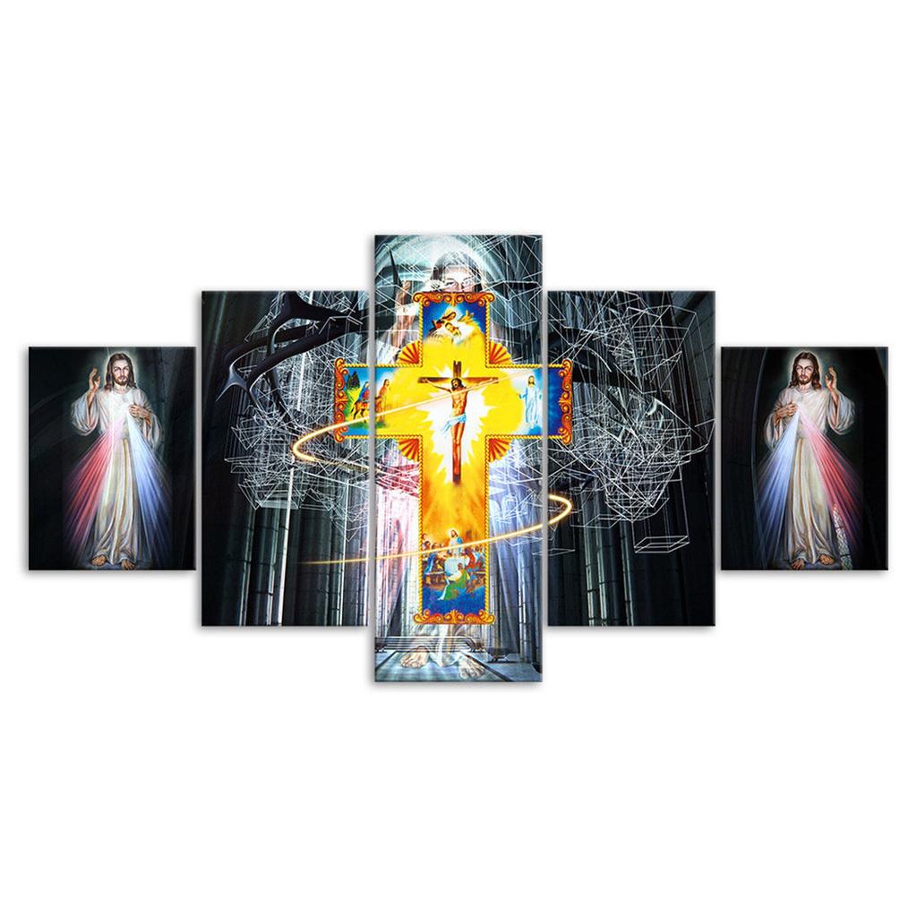 Jesus Christ Light And The Crucifixion 5 Piece Five Panel Wall Canvas Print Modern Art Poster Picture Home Decor Gift For Him For Her