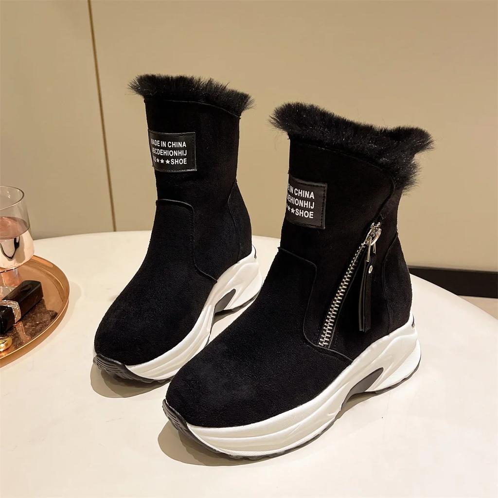Fashion Women Ankle Boots Warm Plus Fleece Thick Sole Winter Women Snow Boots Fashion Side Zipper Wedge Outdoor Sneakers Botas Mujer