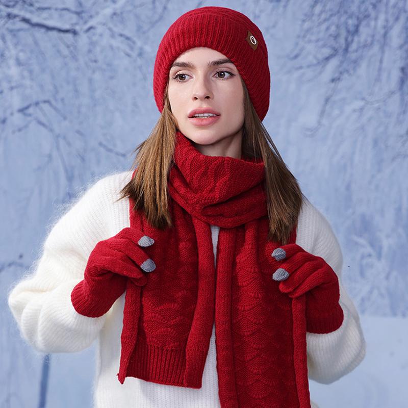 Winter Warm Hat Scarf Gloves Three-piece Set Women's Outdoor Velvet Thick Earmuffs Knitted Wool Cap